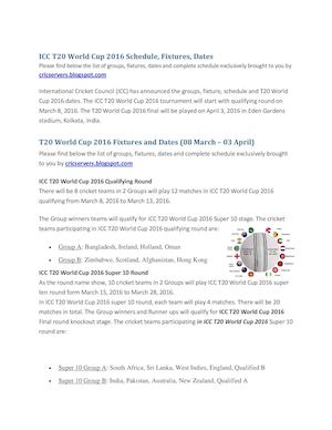 ICC T20 World Cup 2016 Schedule, Fixtures, Dates