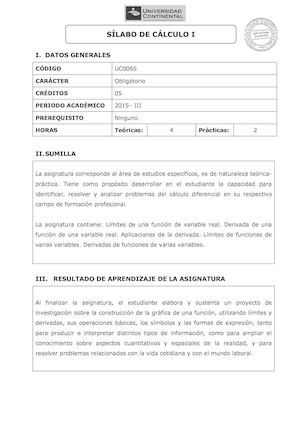 Silabo Cálculo I UC0065 2015 III B2