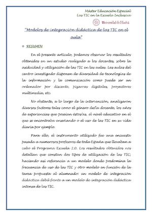 Resumen, valoración crítica y mapaconceptual: "Modelos De Integración Didáctica De Las Tic En El Aula"