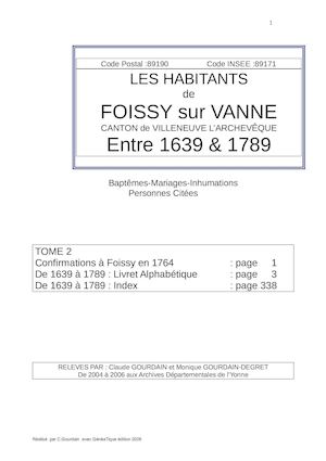 Foissy sur Vanne  1639 1789 (Livret B)