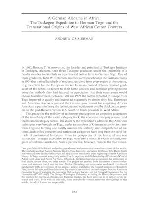A German Alabama in Africa: The Tuskegee Expedition to German Togo and the Transnational Origins of West African Cotton Growers