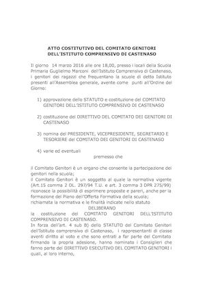 Atto Costitutivo Del Comitato Genitori di Castenaso