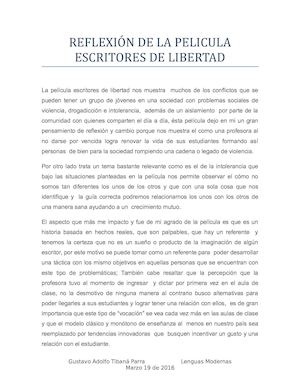 Reflexión De La Pelicula Escritores De Libertad