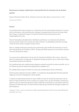 Rayonnement Cosmique Et Phénomènes Visuels Positifs Chez Les Astronautes Lors De Missions Spatiales, Jacques Honnorat, 09 2015