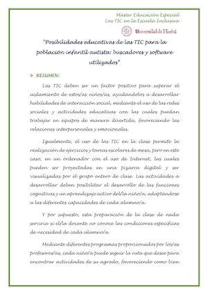 Resumen, valoración crítica y mapaconceptual: "Posibilidades educativas de las TIC para la población infantil autista: buscadores y software utilizados”"