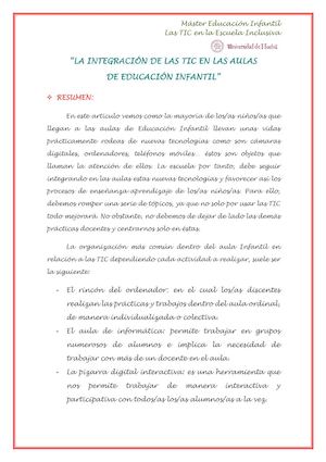 Resumen, valoración crítica y mapa conceptual "La integración de las TIC en las aulas de Educación Infantil”
