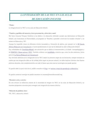 Articulo "La integración de las TIC en las aulas de Educación Infantil"