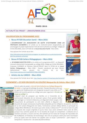Newsletter Mars 2016 Projet AFCC Arts de Faire Culinaires au Collège