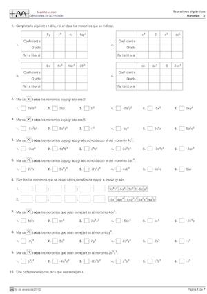 Hoja de ejercicios de monomios
