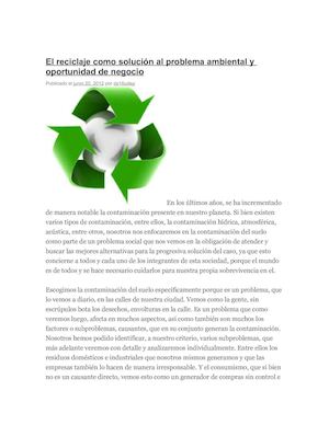 El Reciclaje Como Solución Al Problema Ambiental Y Oportunidad De