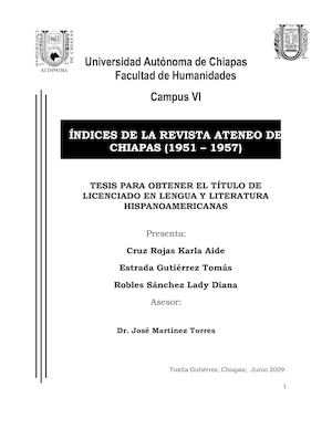 ÍNDICES DE LA REVISTA ATENEO DE CHIAPAS (1951 1957).