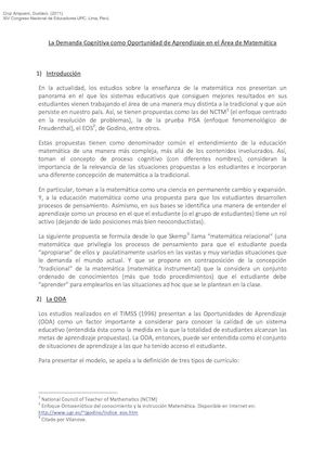 Documento La Demanda Cognitiva Como Oportunidad De Aprendizaje En El Área De Matemática (con Cita).