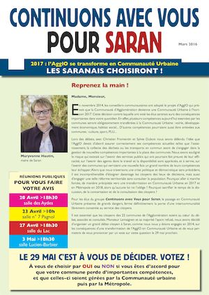 2017 : l'AgglO se transforme en Communauté Urbaine. Les saranais choisiront ! Tract du groupe majoritaire "Continuons avec vous pour Saran"