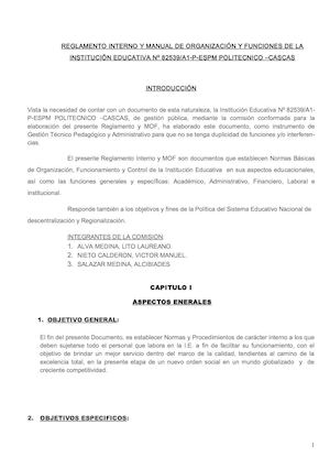 Reglamento Interno Y Manual De Organización Y Funciones De La Institución Educativa Nº 82539