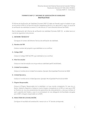 V Formato Snip 17 Informe De Verificacion De Viabilidad Instructivo Julio 2012