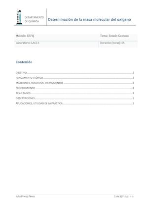 Determinación De La Masa Molecular Del Oxígeno Julia