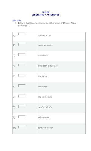 Taller Sinonimos Y Antonimos