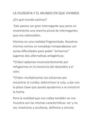 La Filosofia Y El Mundo En Que Vivimos