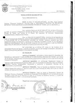 Reglamento General de Matricula, Estudios y Evaluacion de la Upt