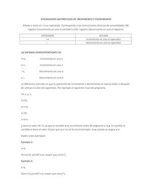 Operadores Aritmeticos De Incremento Y Decremento