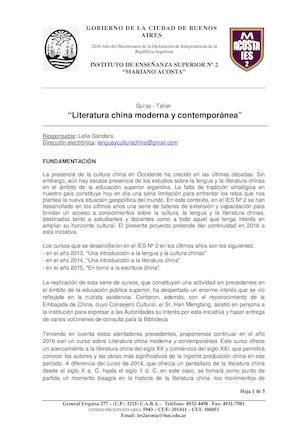 Taller Literatura China Moderna y Contemporánea