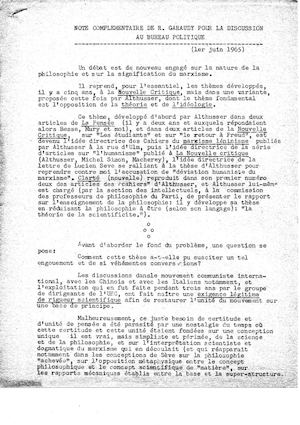 Sur Althusser.Note complémentaire du 01 06 1965 au bureau politique du PCF sur certaines thèses d'Althusser. Par Roger Garaudy