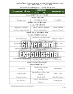 LISTA DE AVES DEL LAGO TITICACA Y ALREDEDORES 2016