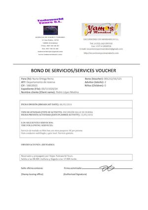 Bono servicios excursión