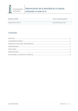 Determinación De La Densidad De Un Líquido Utilizando Un Tubo En U Julia