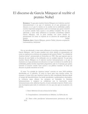 El Discurso De García Márquez Al Recibir El Premio Nobel