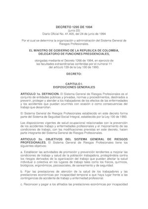 Decreto Ley 1295 De 94 Sistema General De Riesgos Profesionales