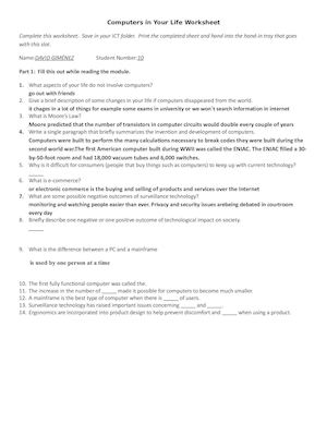Computers In Your Life Worksheet
