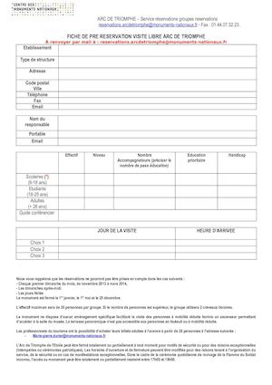 Fiche Pré Reservation Arc De Triomphe