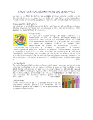 Características Distintivas De Los Seres Vivos