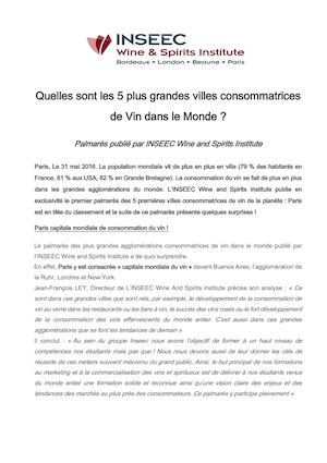 Quelles sont les 5 plus grandes villes consommatrices de Vin dans le Monde ?