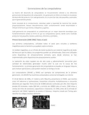 Generaciones De Las Computadoras Primera Leccion