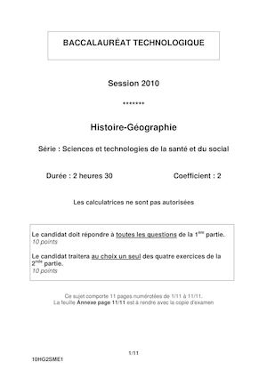 Bac Histoire Geographie 2010 St2s