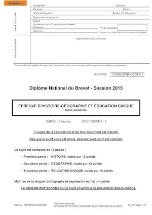 Brevet Histoire Geographie Education Civique 2015