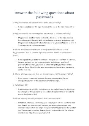 Answer The Following Questions About Passwords