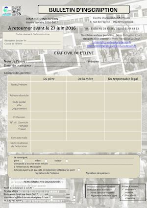 Bulletin Inscription Internat Vicdessos (09 Ariège-Pyrénées)