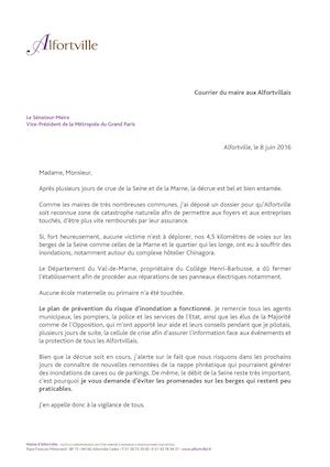Courrier du maire aux Alfortvillais - 8 juin 2016 - Intempéries et crue de Juin