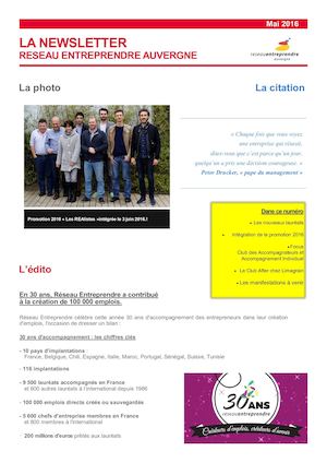 Newsletter Réseau Entreprendre Auvergne Mai 2016