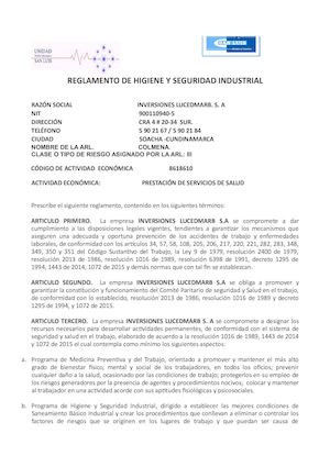 Reglamento De Higiene Y Seguridad Industrial Inversiones Lucedmarb S A