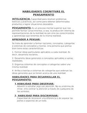 Habilidades Cognitivas El Pensamiento Resumen
