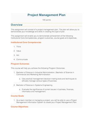 Project Management Plan - Assignment Requirements & Rubric