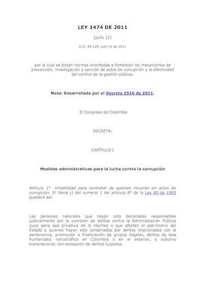 LEY 1474 DE 2011 EN VIGENCIA LEY ANTICORRUPCION