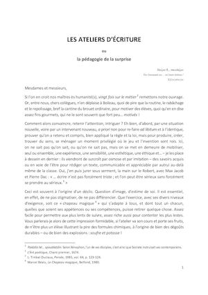 Les Ateliers D'écriture Ou La Pédagogie De La Surprise Frédéric Ohlen Août 2015