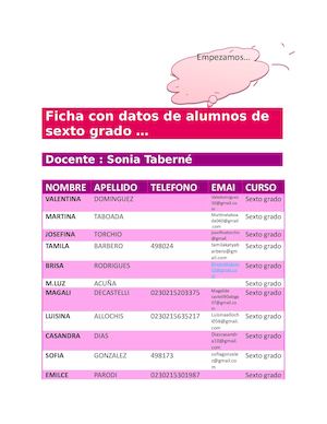 Ficha Con Datos De Alumnos De Sexto Grado