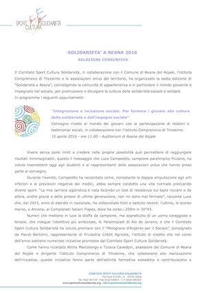 2016 Solidarietà A Reana del Rojale - Relazione Consuntiva