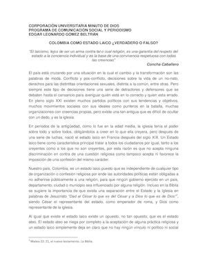 Opinión Colombia Como Estado Laico, Verdadero O Falso